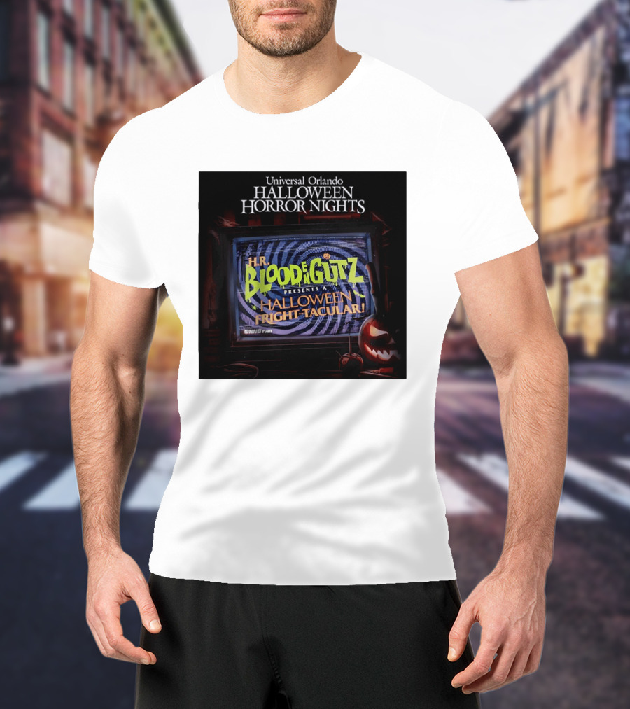 Universal Orlando Halloween Horror Nights HR Blood N Gutz Presents A Halloween Fright Tacular TV Experience T-Shirt