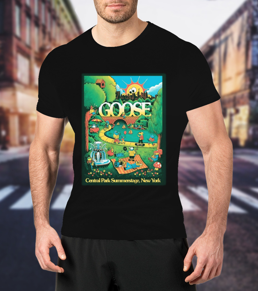 Goose Central Park Summerstage New York 2026 June 21 Lewy Jones Vibrant Park Scene With Sun And Fountain T-Shirt