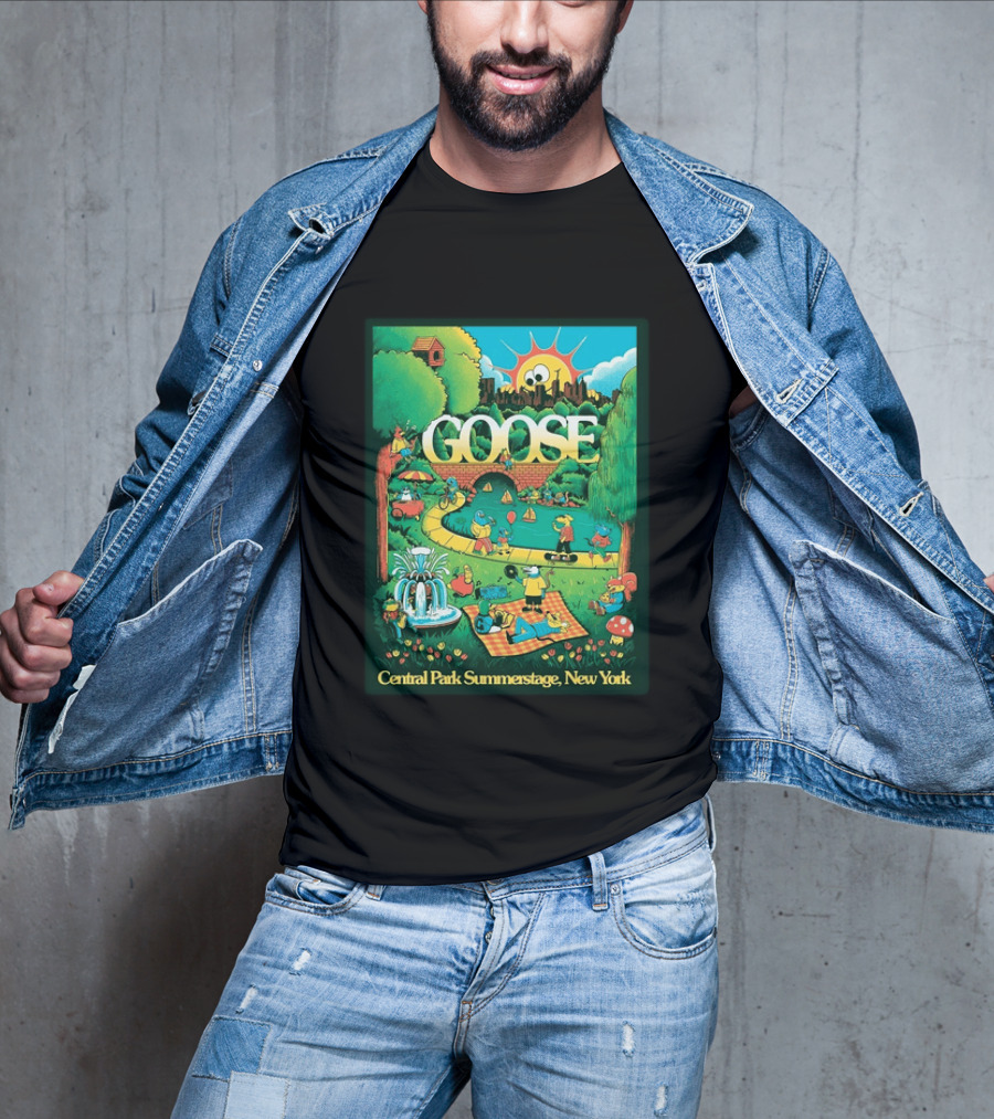 Goose Central Park Summerstage New York 2026 June 21 Lewy Jones Vibrant Park Scene With Sun And Fountain T-Shirt