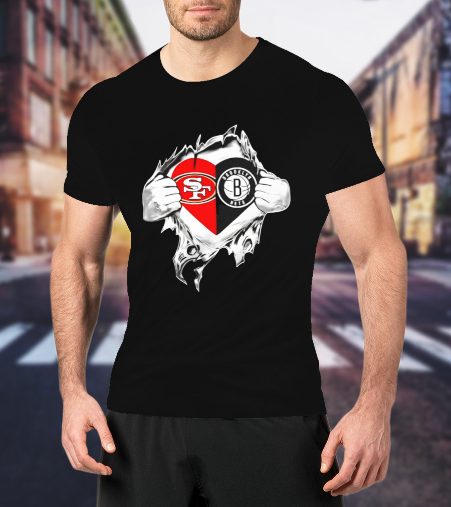 San Francisco 49ers Brooklyn Nets Heart Design Scratch Image T-Shirt