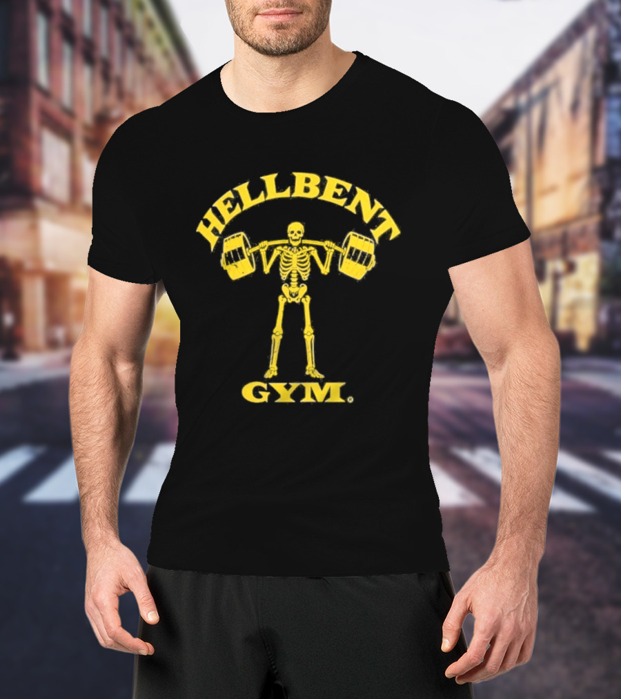 Hellbent Gym Skeleton Lifting Weights Yellow T-Shirt