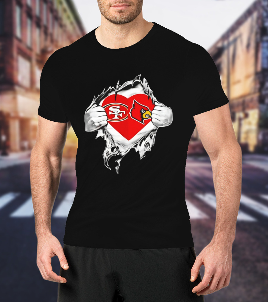 Louisville Cardinals San Francisco 49ers Heart Torn Edge Team Pride T-Shirt