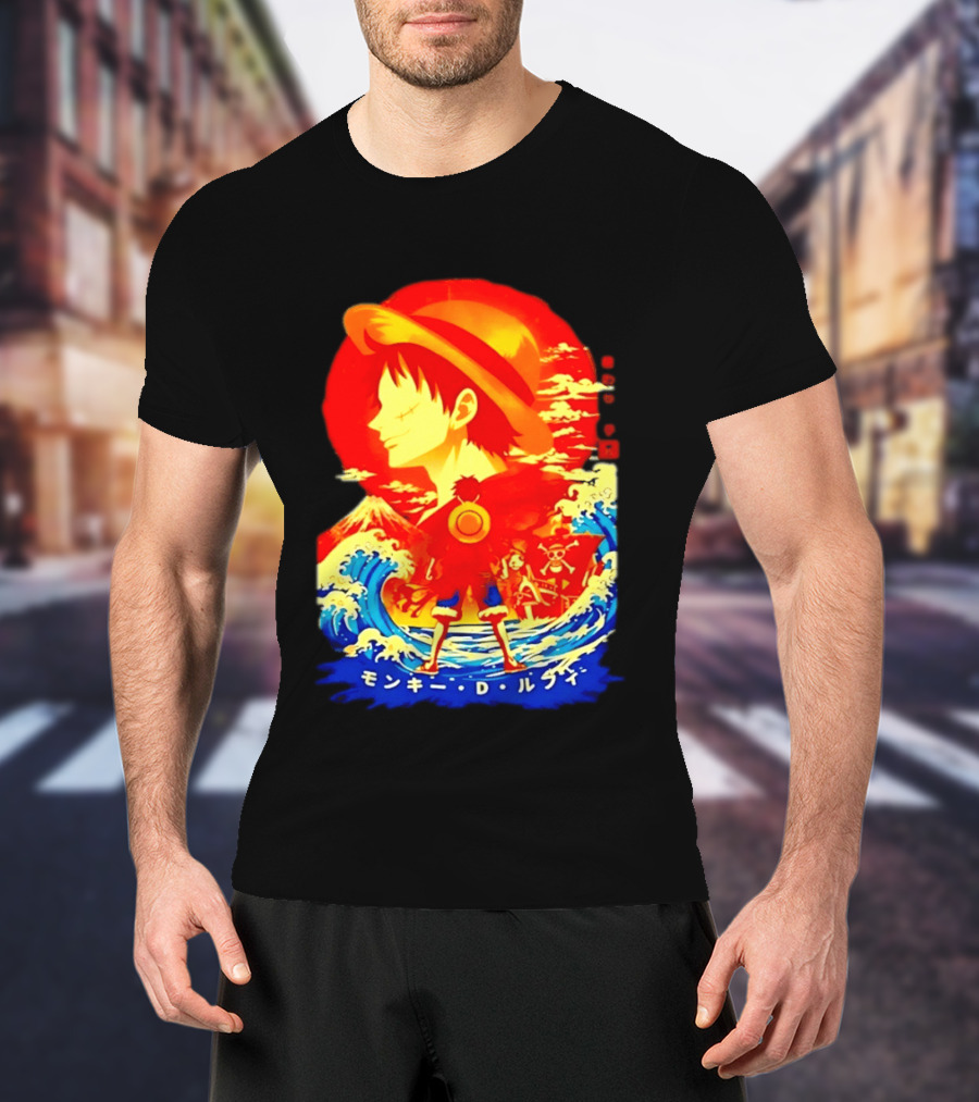 Monkey D. Luffy Straw Hat Waves Japanese Text One Piece Anime T-Shirt
