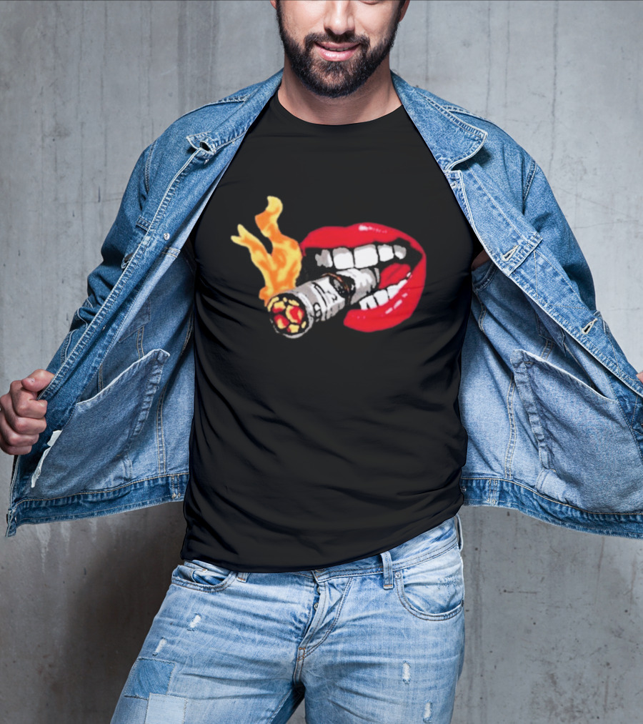 Flaming Smoking Money Lips Chenille T-Shirt