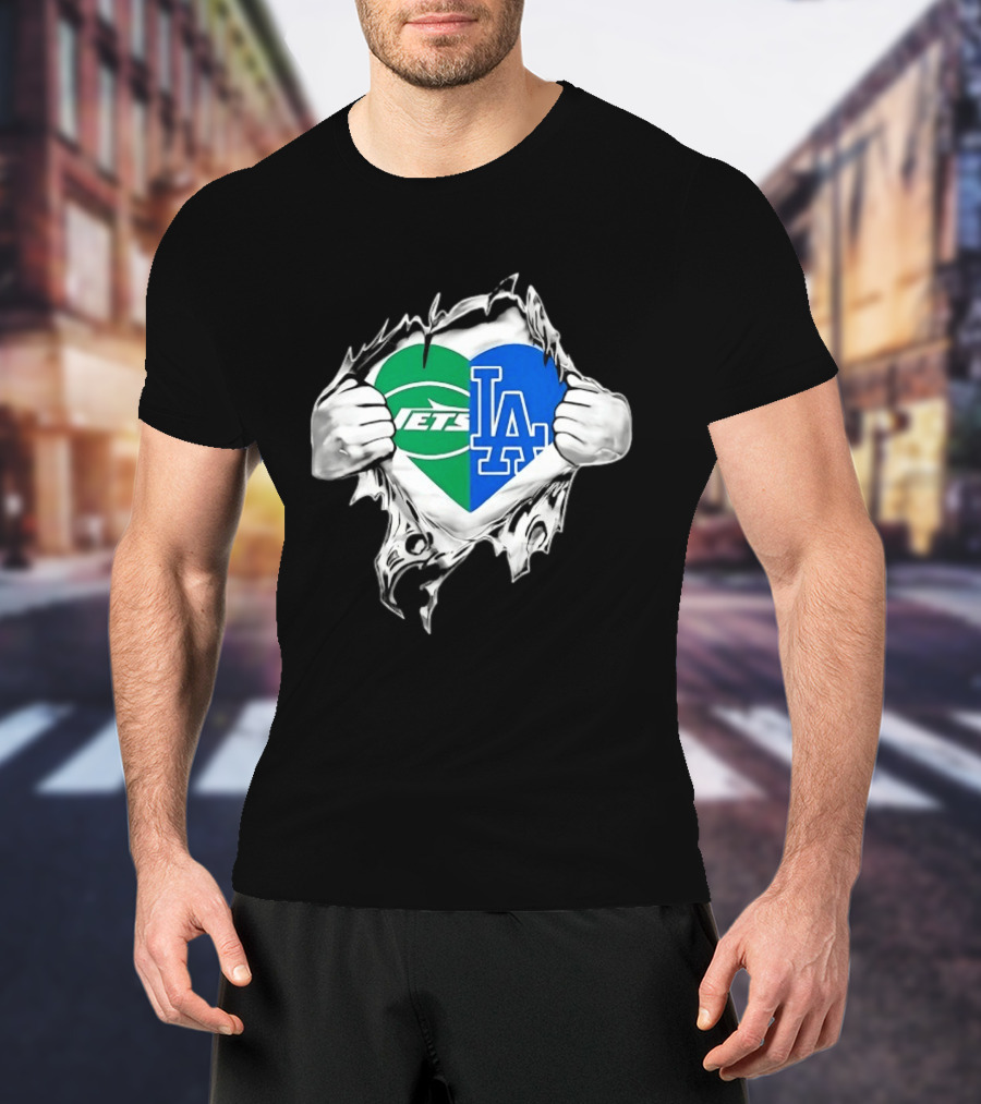 New York Jets Los Angeles Dodgers Heart Scratch T-Shirt