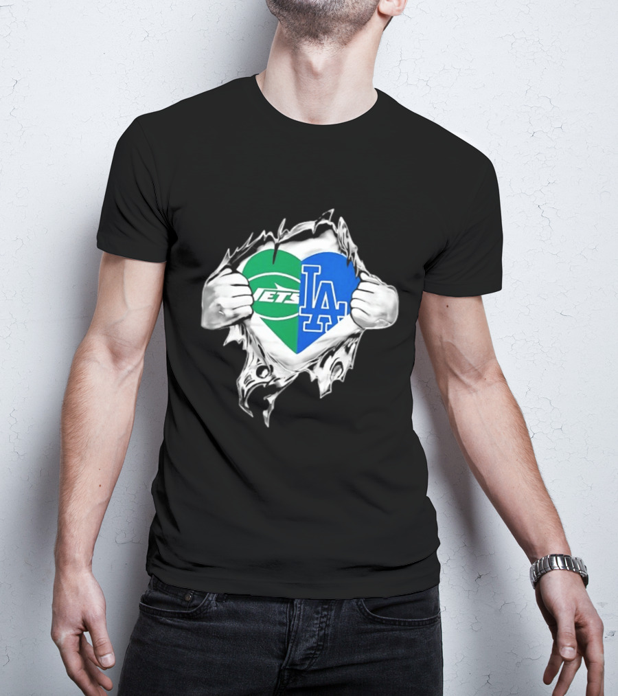 New York Jets Los Angeles Dodgers Heart Scratch T-Shirt