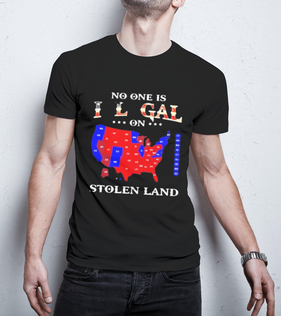 No One Is Illegal On Stolen Land USA Map Red And Blue States T-Shirt