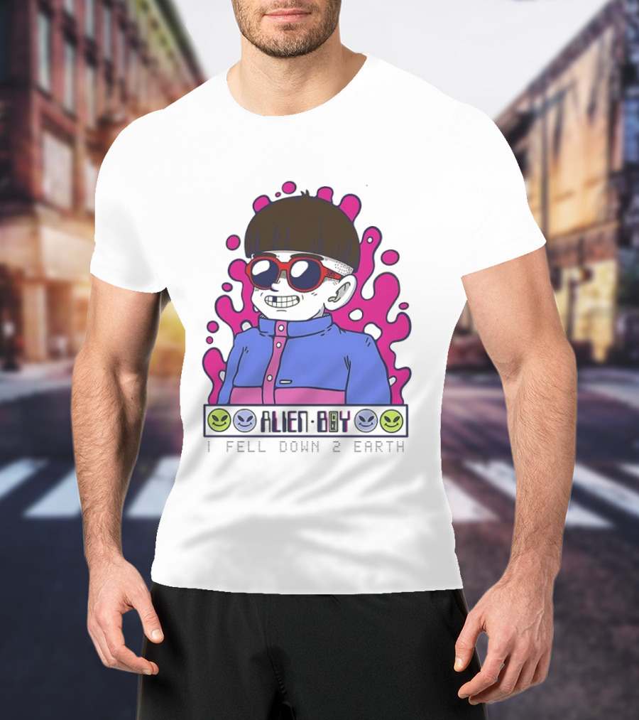 Alien Boy I Fell Down 2 Earth Cool Kid Retro Pink Smiley Vibes T-Shirt