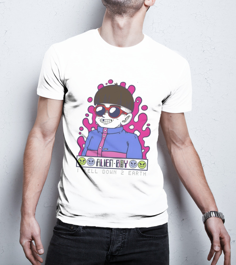 Alien Boy I Fell Down 2 Earth Cool Kid Retro Pink Smiley Vibes T-Shirt