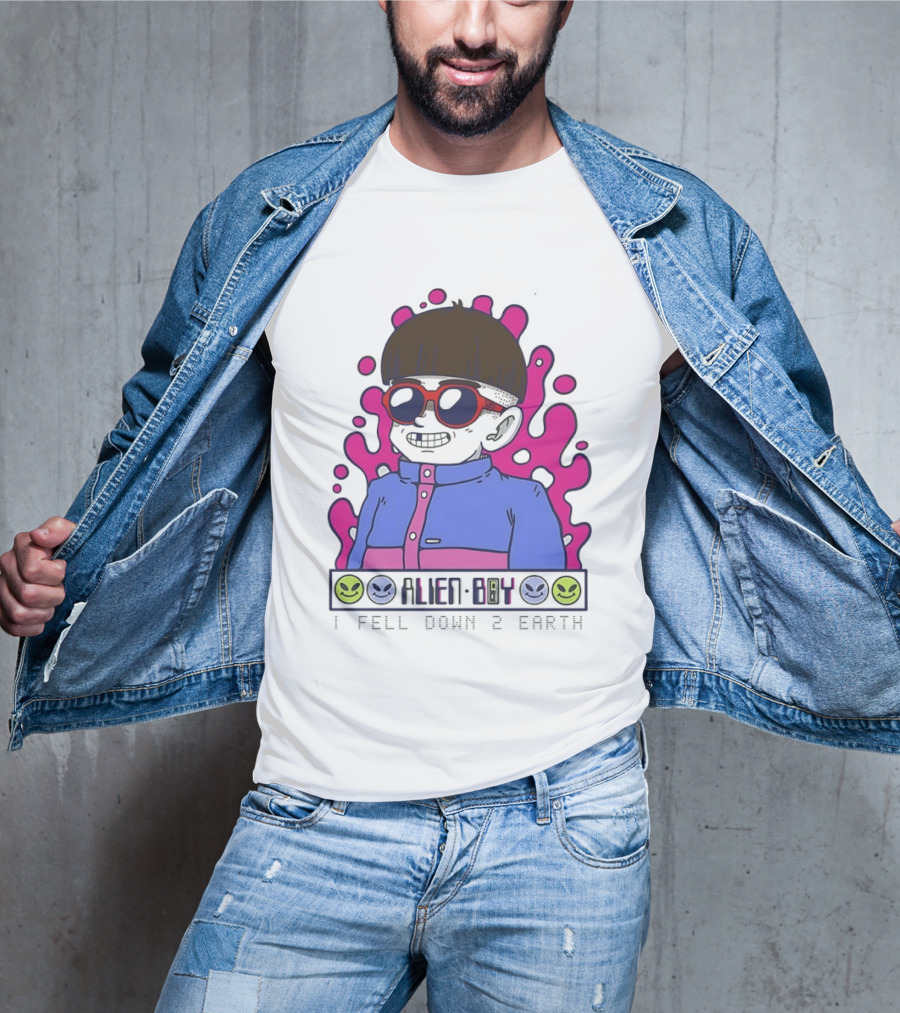 Alien Boy I Fell Down 2 Earth Cool Kid Retro Pink Smiley Vibes T-Shirt