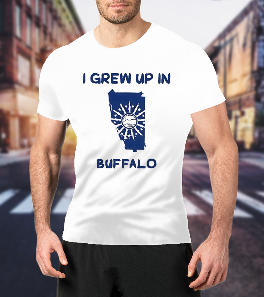 I Grew Up In Buffalo Map With Buffalo Silhouette And Sunburst T-Shirt
