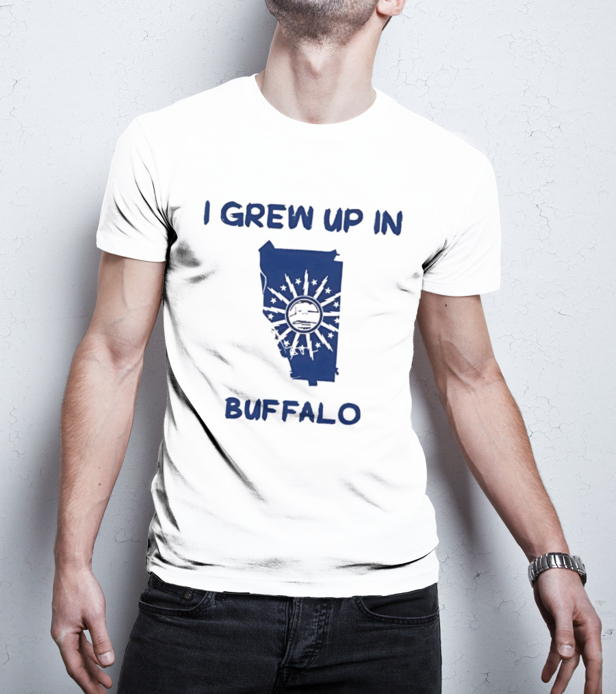 I Grew Up In Buffalo Map With Buffalo Silhouette And Sunburst T-Shirt