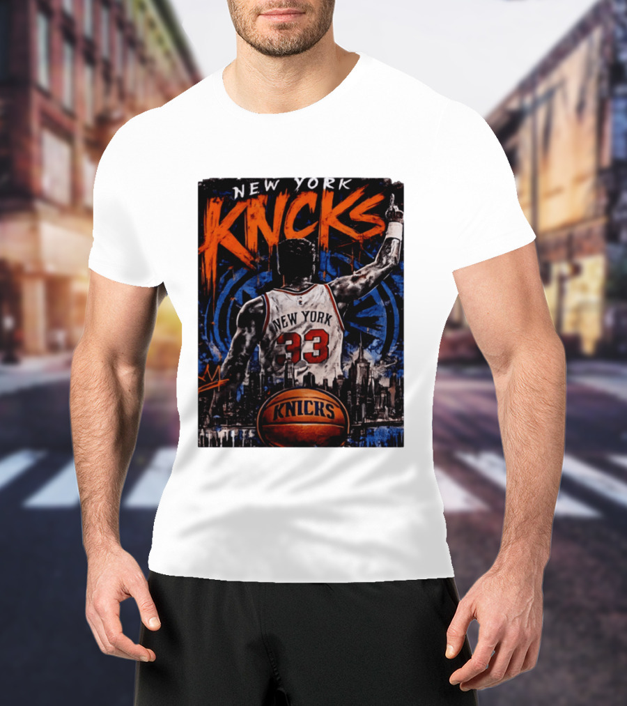 New York Knicks Ewing 33 City Skyline Basketball T-Shirt