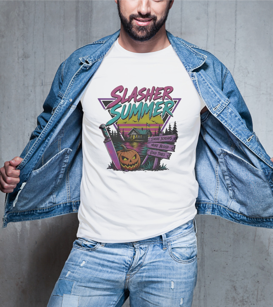 Slasher Summer S'more Screams More Blood Good Times Cabin Pumpkin Knife T-Shirt
