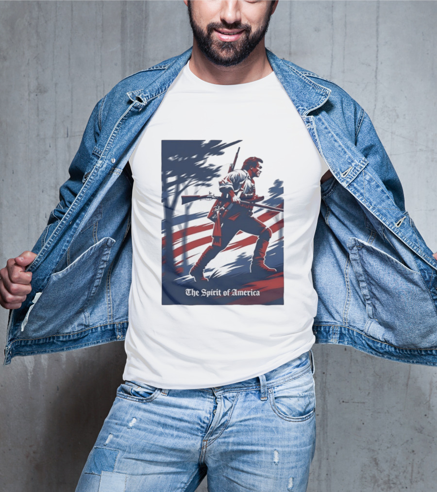 The Spirit Of America Revolutionary War Soldier With Musket And American Flag T-Shirt