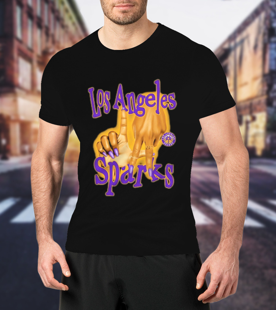Los Angeles Sparks WNBA Finger Gesture Purple Ink Sketch T-Shirt