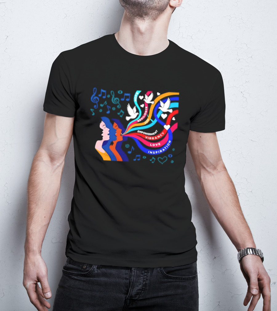 Women's Music Hope Resilience Joy Empowerment Vibrancy Love Inspiration Doves Notes Hearts T-Shirt