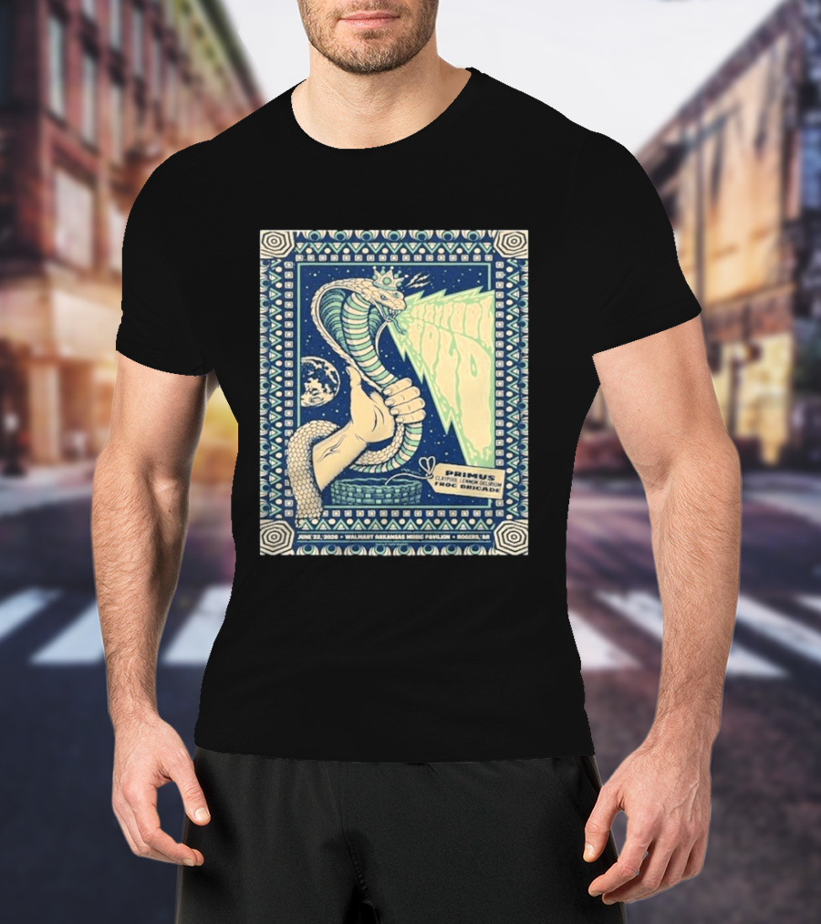 Primus Claypool Lennon Delirium Frog Brigade Tour June 22 2026 Walmart Arkansas Music Pavilion Rogers Cobra Hand T-Shirt