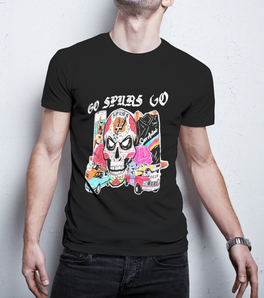 San Antonio Spurs Sugar Skull Go Spurs Go Vintage Cars Roses T-Shirt