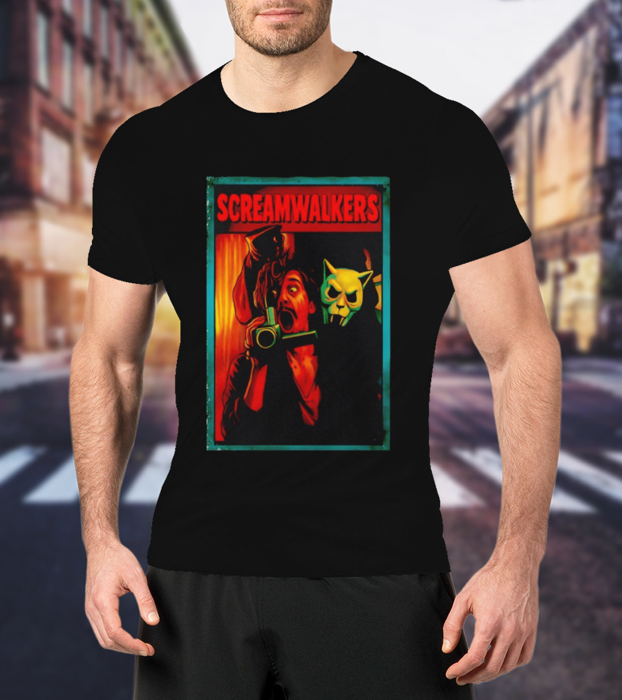 Screamwalkers Horror Movie With Camera And Masked Figure T-Shirt