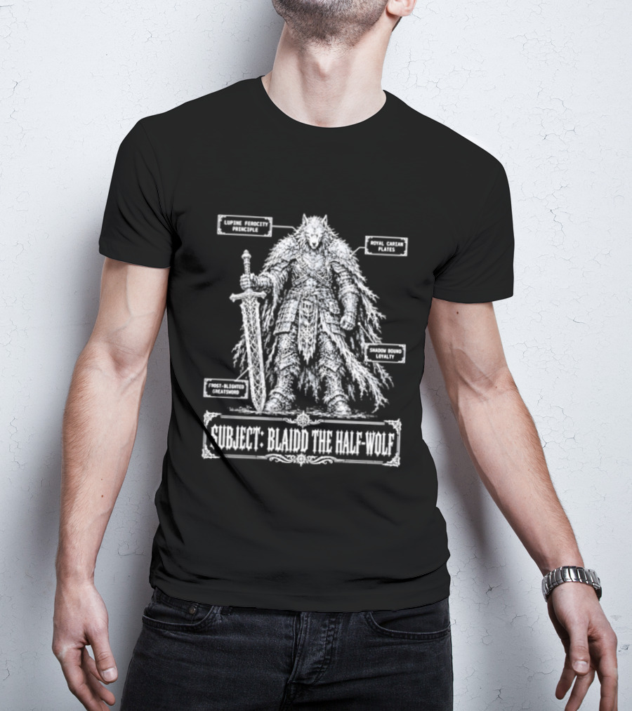 Blaidd Half Wolf Diagram Giant Sword Layered Fur Combat Form Analysis T-Shirt