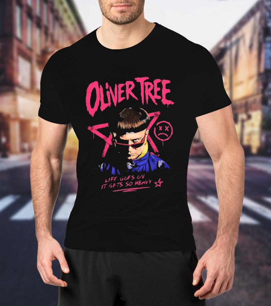 Oliver Tree Life Goes On It Gets So Heavy X Symbol Pink Text Sad Face T-Shirt