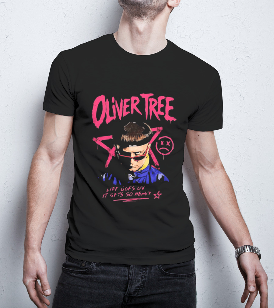 Oliver Tree Life Goes On It Gets So Heavy X Symbol Pink Text Sad Face T-Shirt