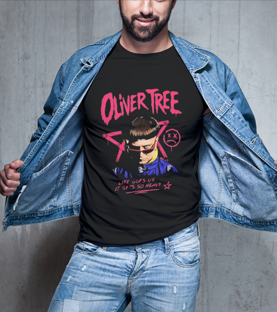 Oliver Tree Life Goes On It Gets So Heavy X Symbol Pink Text Sad Face T-Shirt