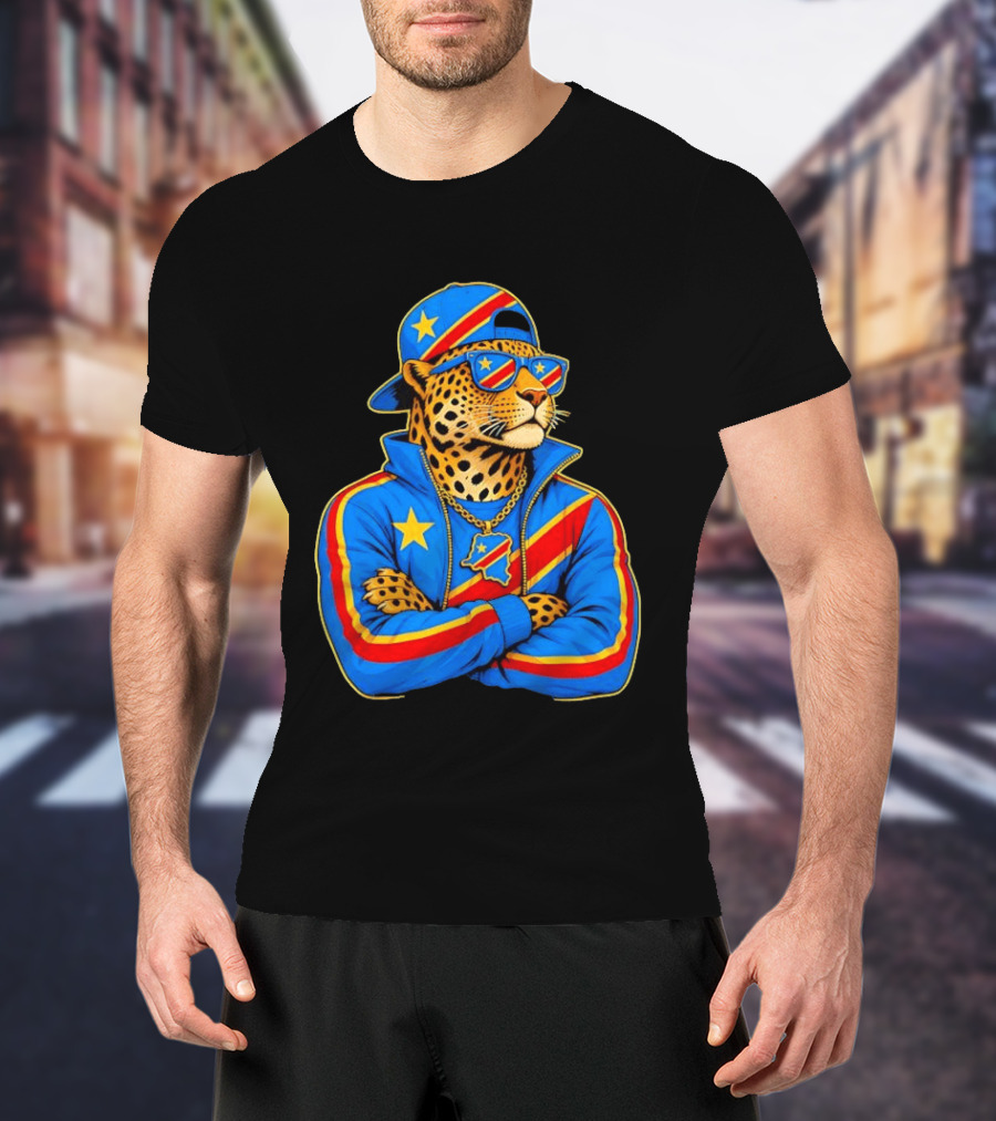 DR Congo Flag Colors Leopard In Hip Hop Style Outfit T-Shirt