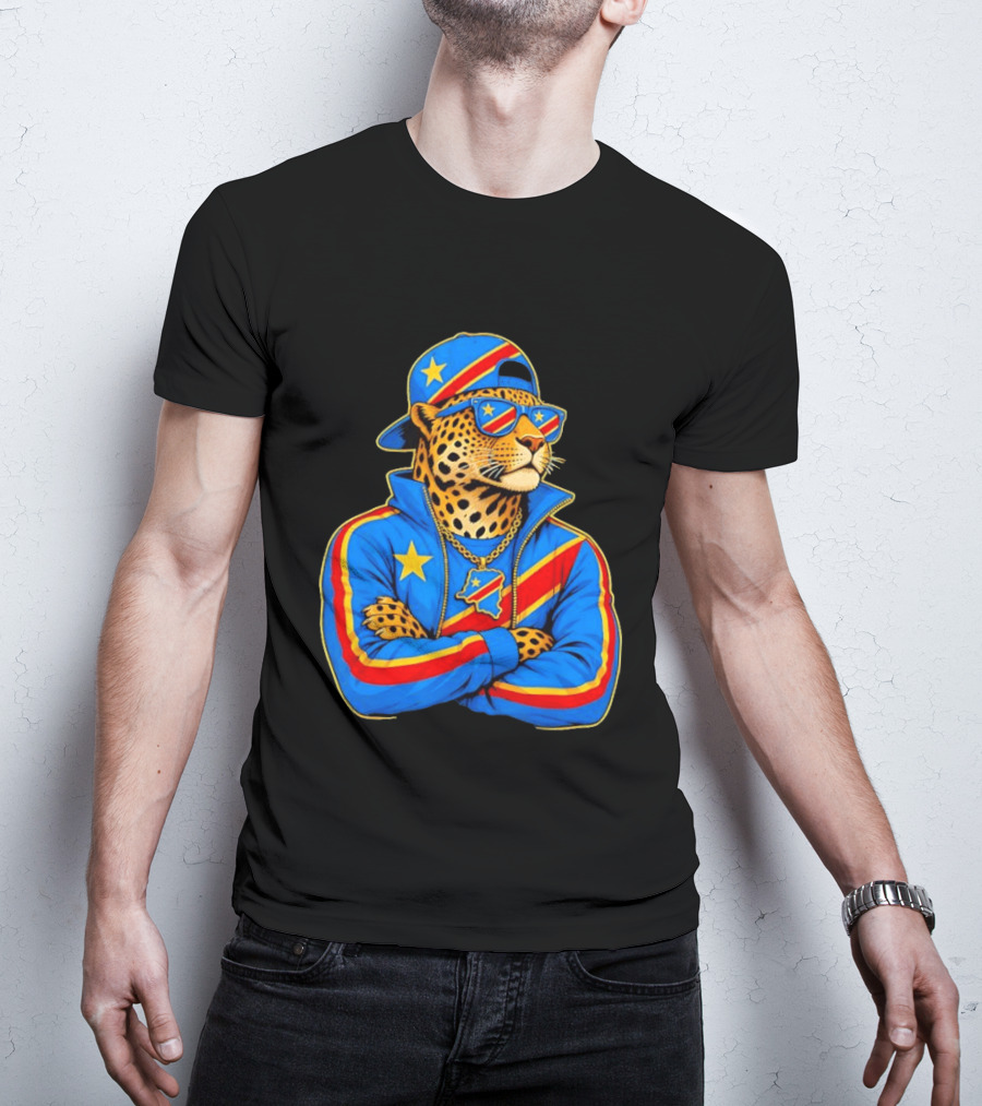 DR Congo Flag Colors Leopard In Hip Hop Style Outfit T-Shirt