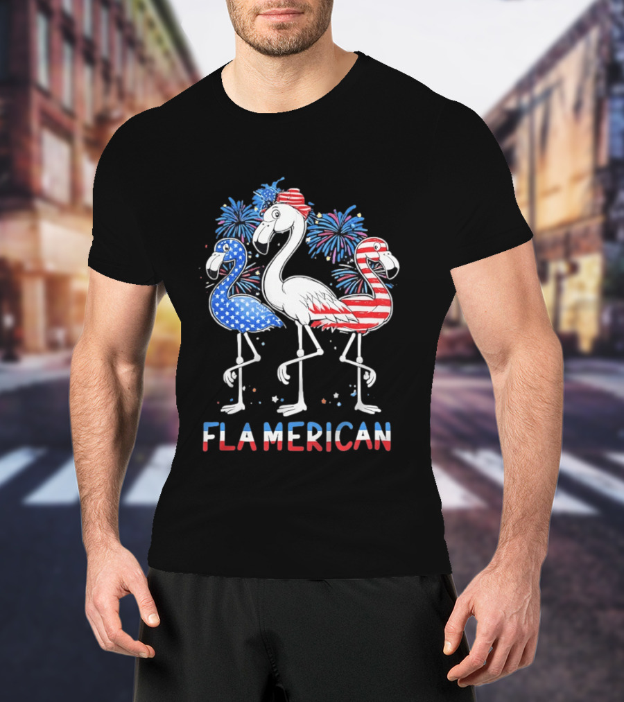 Flamerican Flamingo Fireworks Patriotic Fourth Of July T-Shirt