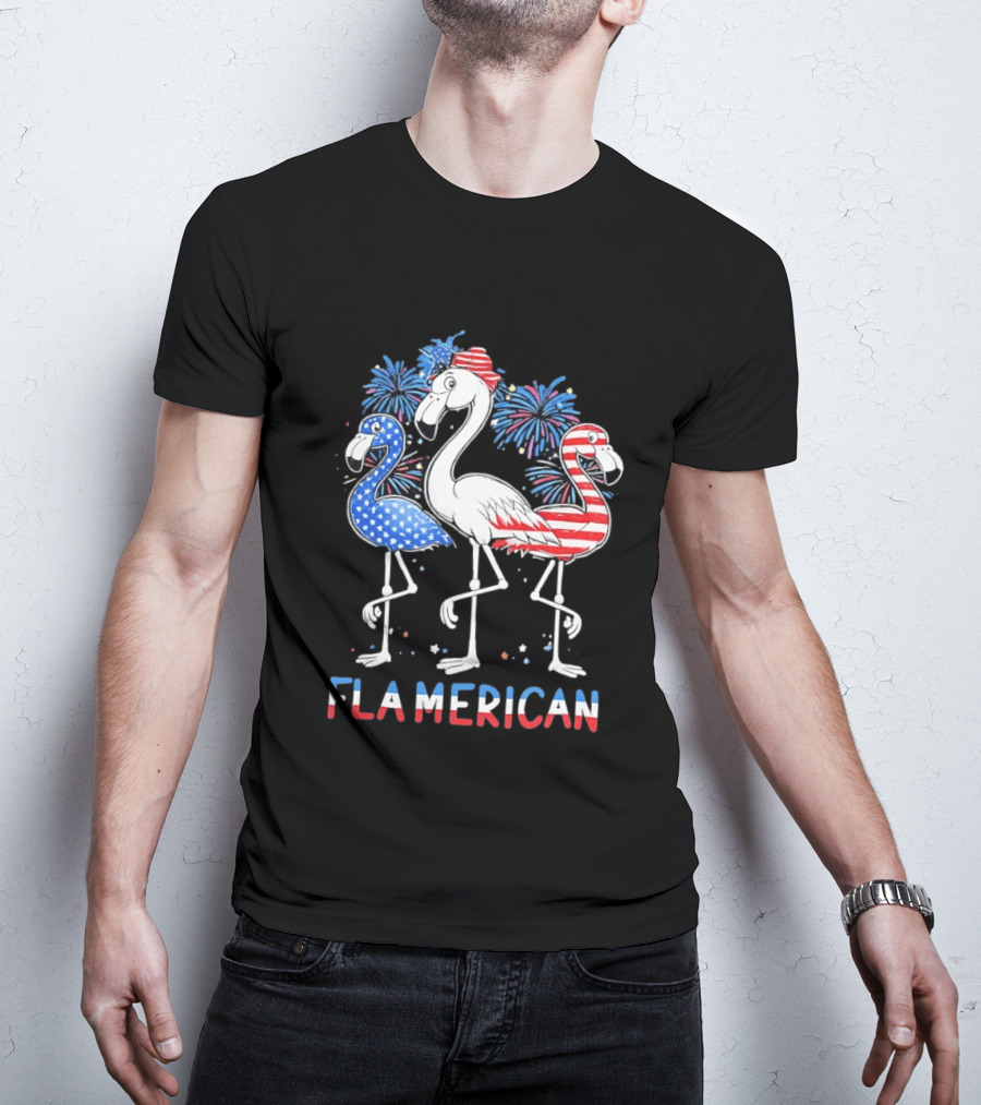Flamerican Flamingo Fireworks Patriotic Fourth Of July T-Shirt