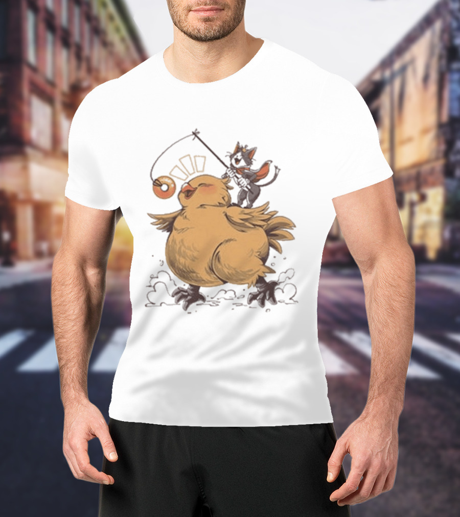 Chocobo Riding Cat Wizard With Donut Lure Delight T-Shirt
