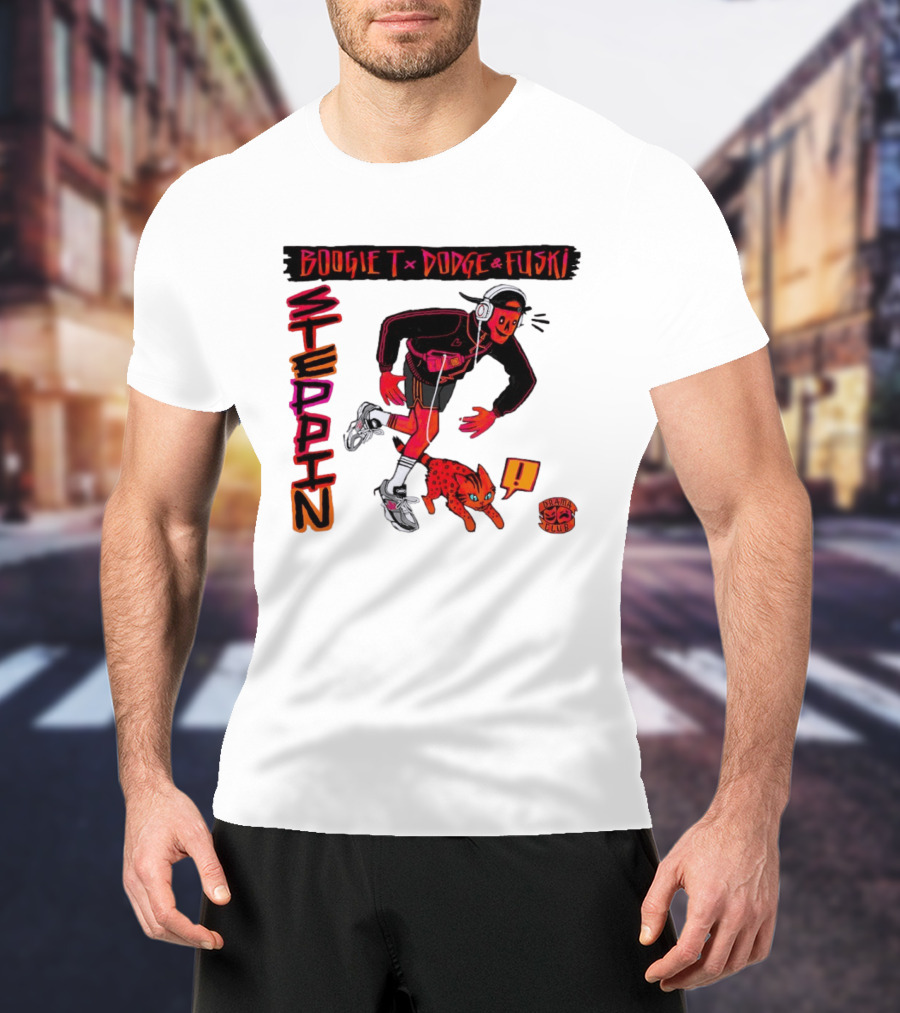 Boogie X Dodge And Fuski Steppin Drama Club Cat With Headphones And Sneakers T-Shirt