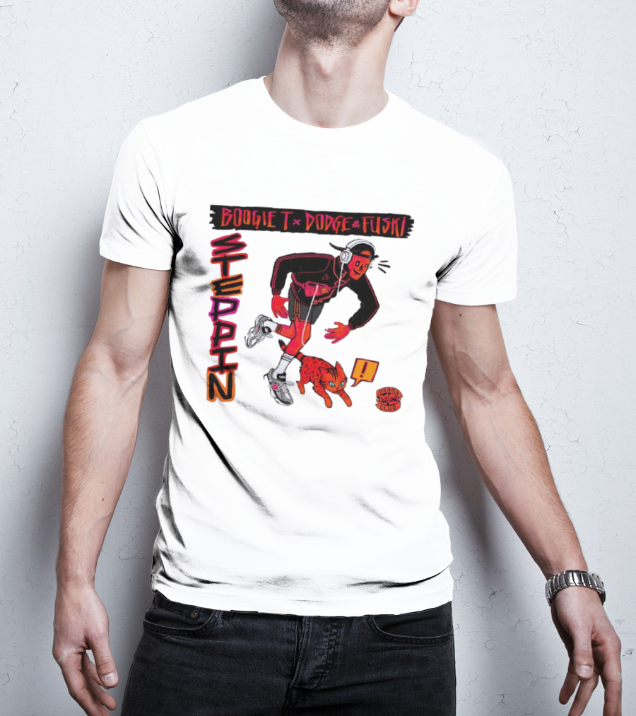 Boogie X Dodge And Fuski Steppin Drama Club Cat With Headphones And Sneakers T-Shirt