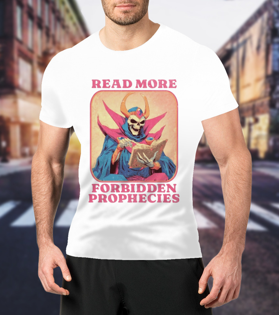 Read More Forbidden Prophecies Skeleton Cloaked Figure Holding Book T-Shirt