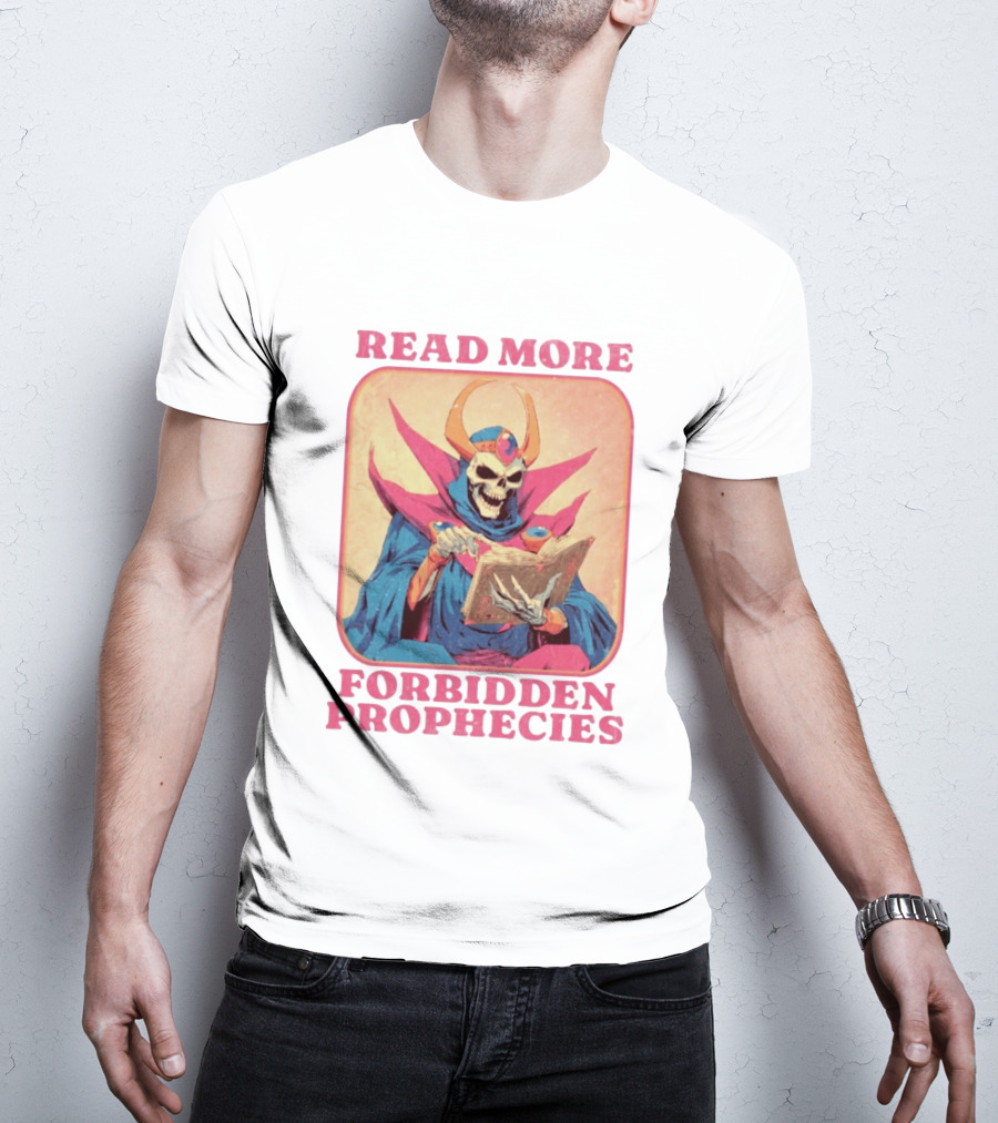 Read More Forbidden Prophecies Skeleton Cloaked Figure Holding Book T-Shirt