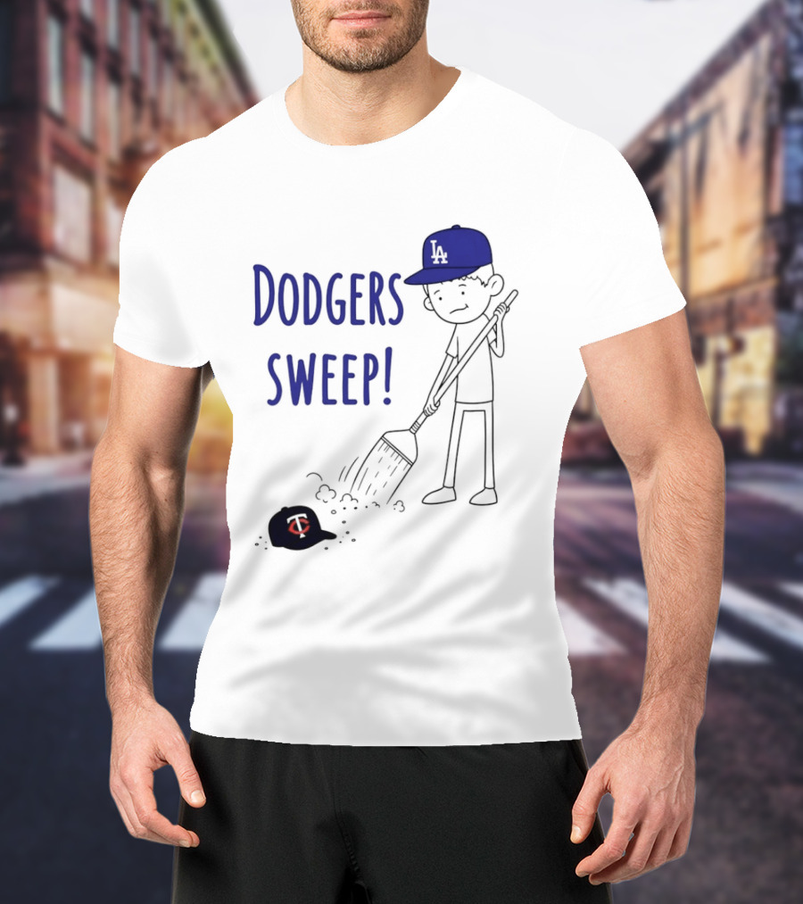 Dodgers Sweep Cartoon Figure In LA Cap Broom Action T-Shirt