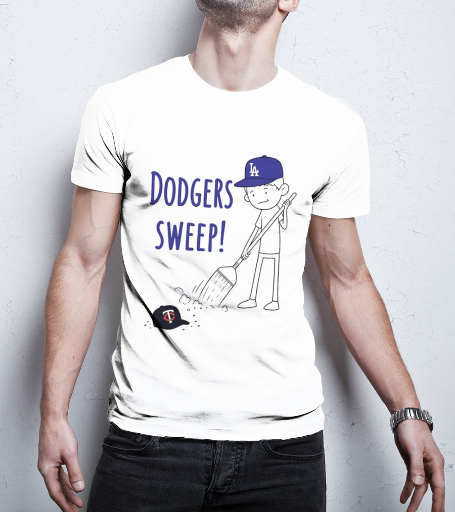 Dodgers Sweep Cartoon Figure In LA Cap Broom Action T-Shirt