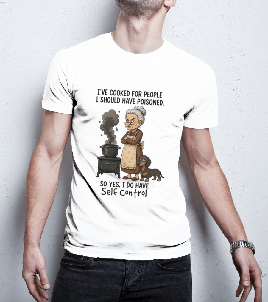Grandma And Dachshund Cooking Humor Self Control Poised Patience T-Shirt