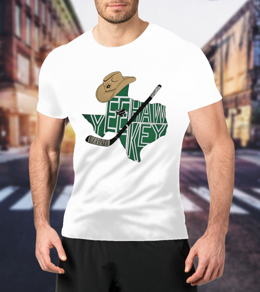 Yeehaw Key Texas Hockey Dallas Stars NHL Cowboy Hat Hockey Stick Map T-Shirt