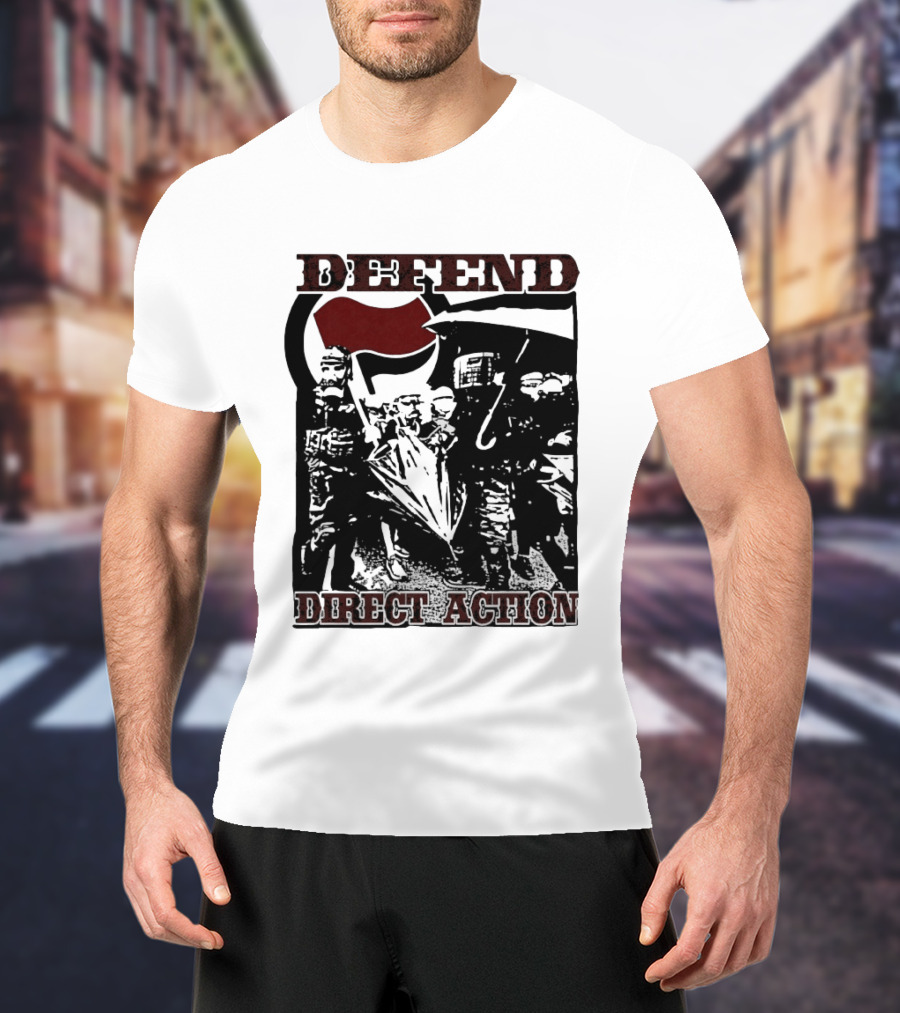 Defend Direct Action Antifa Protest Imagery With Red Flag Iconography T-Shirt