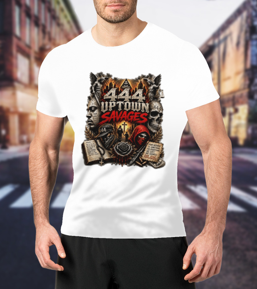 444 Uptown Savages Urban Gothic Art With Skulls And Roses T-Shirt