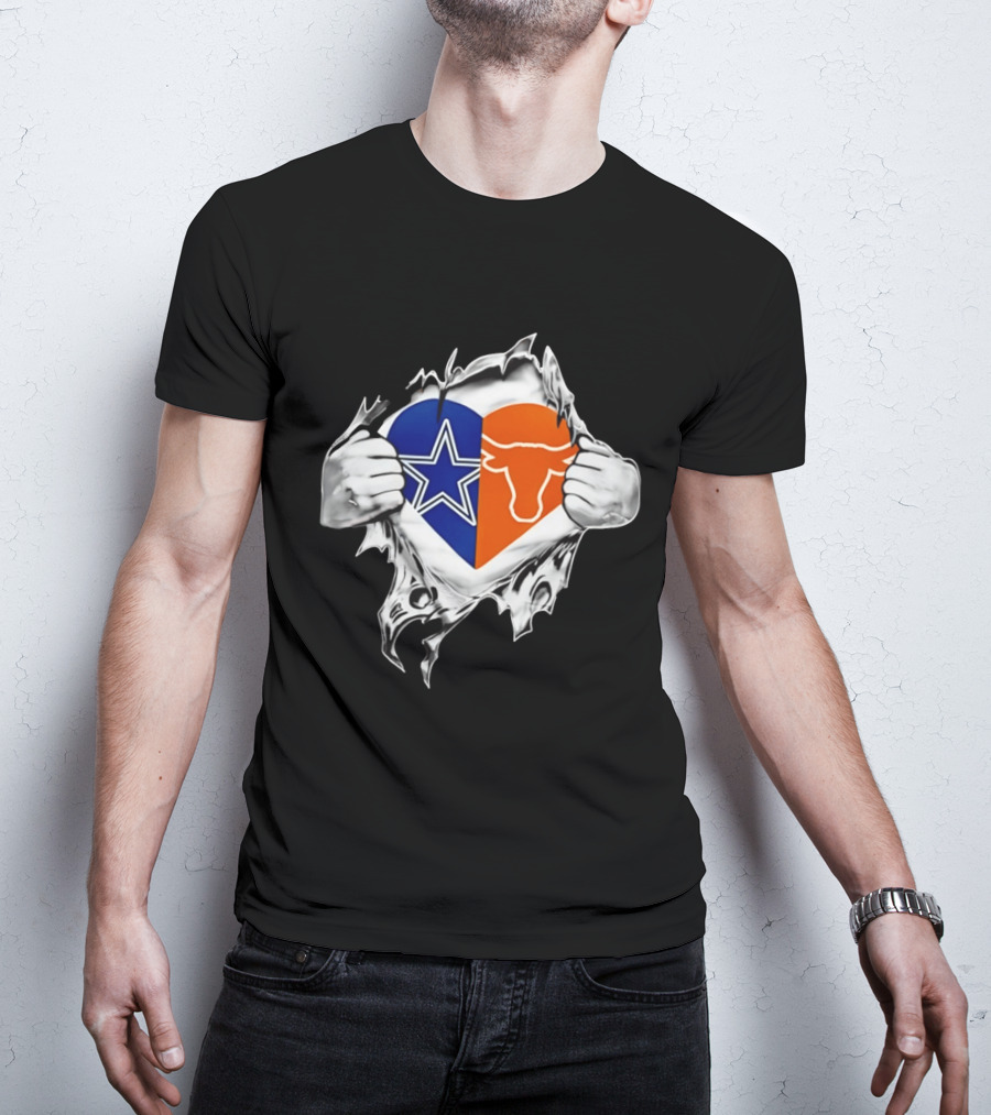 Dallas Cowboys And Texas Longhorns Heart Symbol Tearing T-Shirt