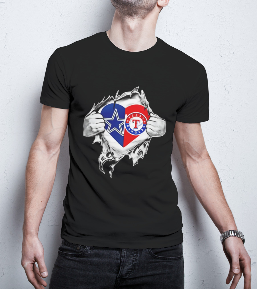 Dallas Cowboys Texas Rangers Heart Torn Open Sports T-Shirt