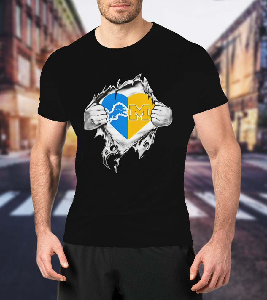 Detroit Lions Michigan Wolverines Heart Torn Reveal T-Shirt