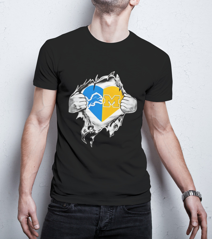 Detroit Lions Michigan Wolverines Heart Torn Reveal T-Shirt