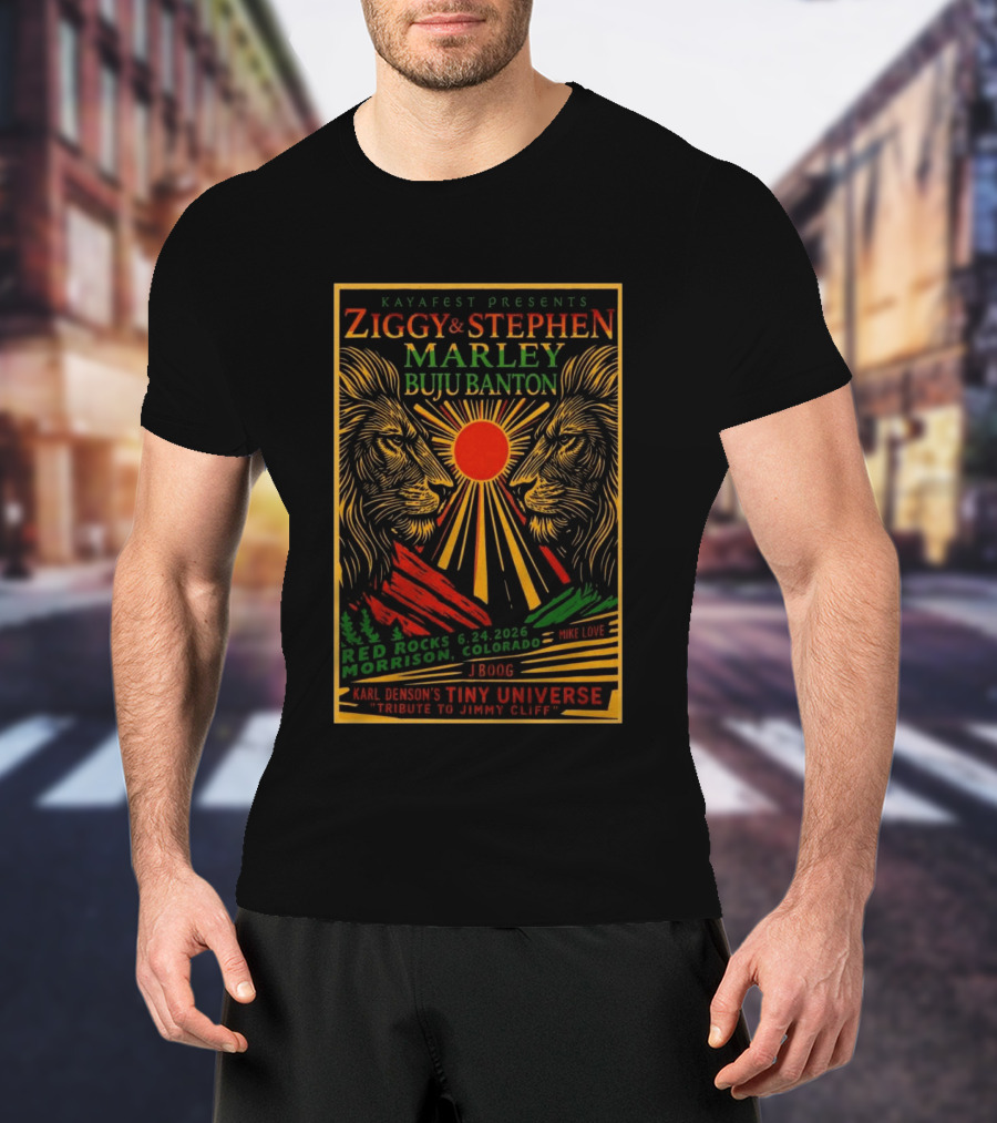 Kaya Fest Ziggy & Stephen Marley 2026 Red Rocks Morrison Colorado Buju Banton JBoog Mike Love Karl Denson's Tiny Universe Tribute To Jimmy Cliff T-Shirt