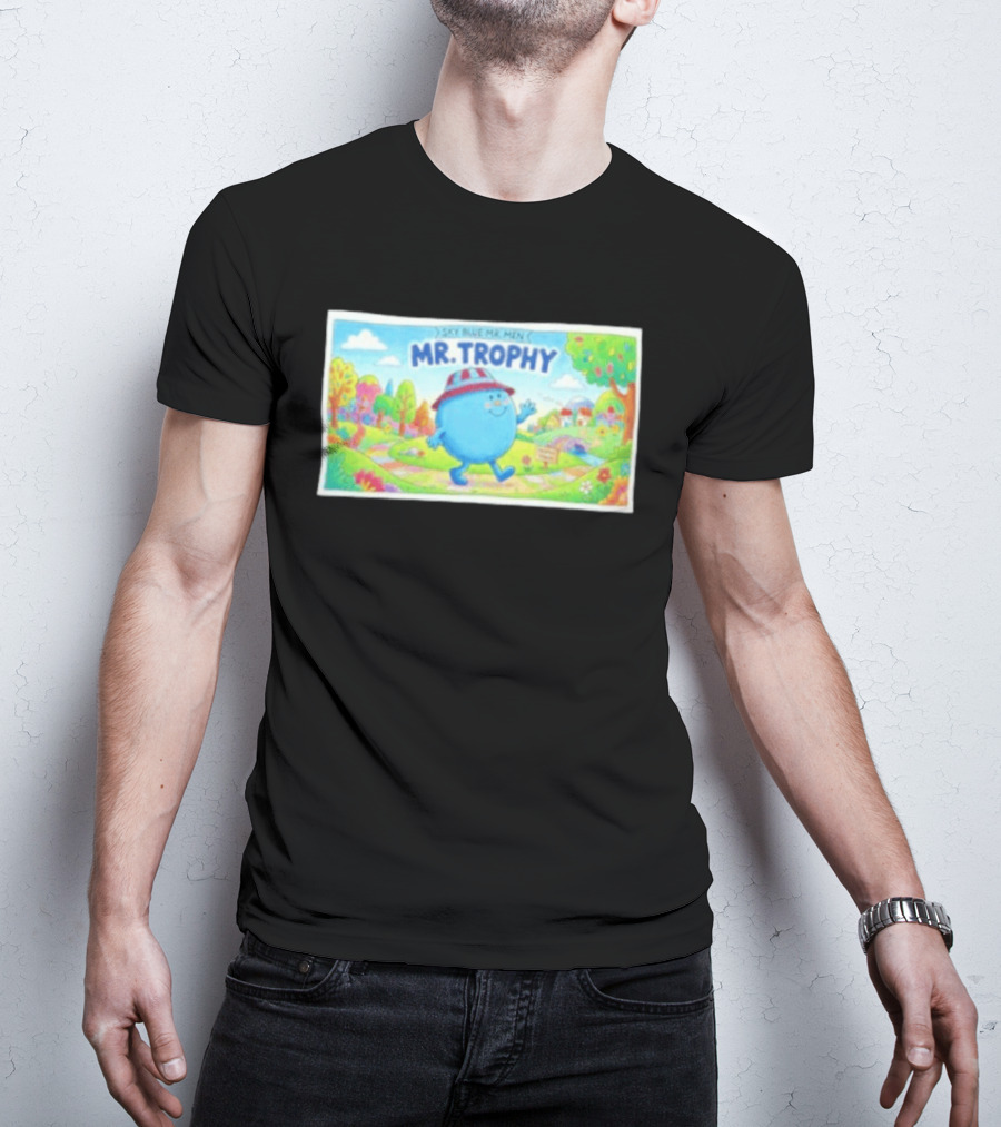 Sky Blue Mr. Men Mr. Trophy Character In Colorful Landscape Scene T-Shirt