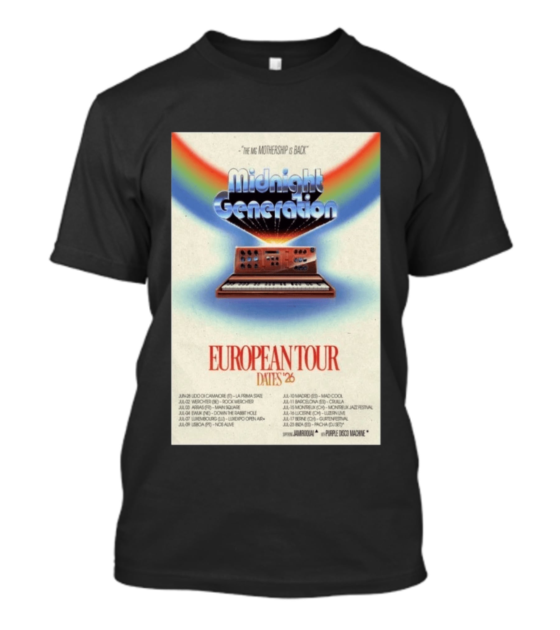 Midnight Generation European Tour Dates '26 Mothership Is Back Jamiroquai Purple Disco Machine T-Shirt